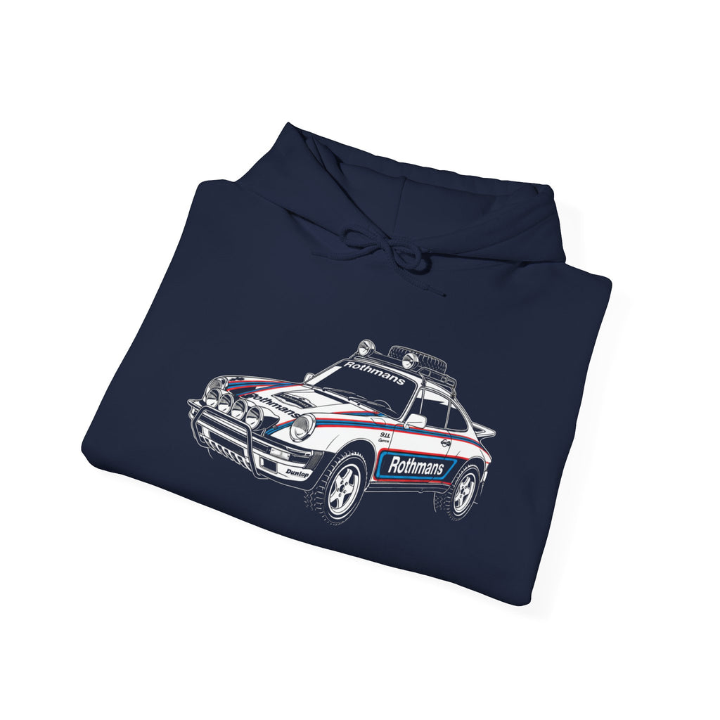 Race Car Hoodie — Retro Porsche Rally Rothmans Livery Style Motorsport Graphic Pullover