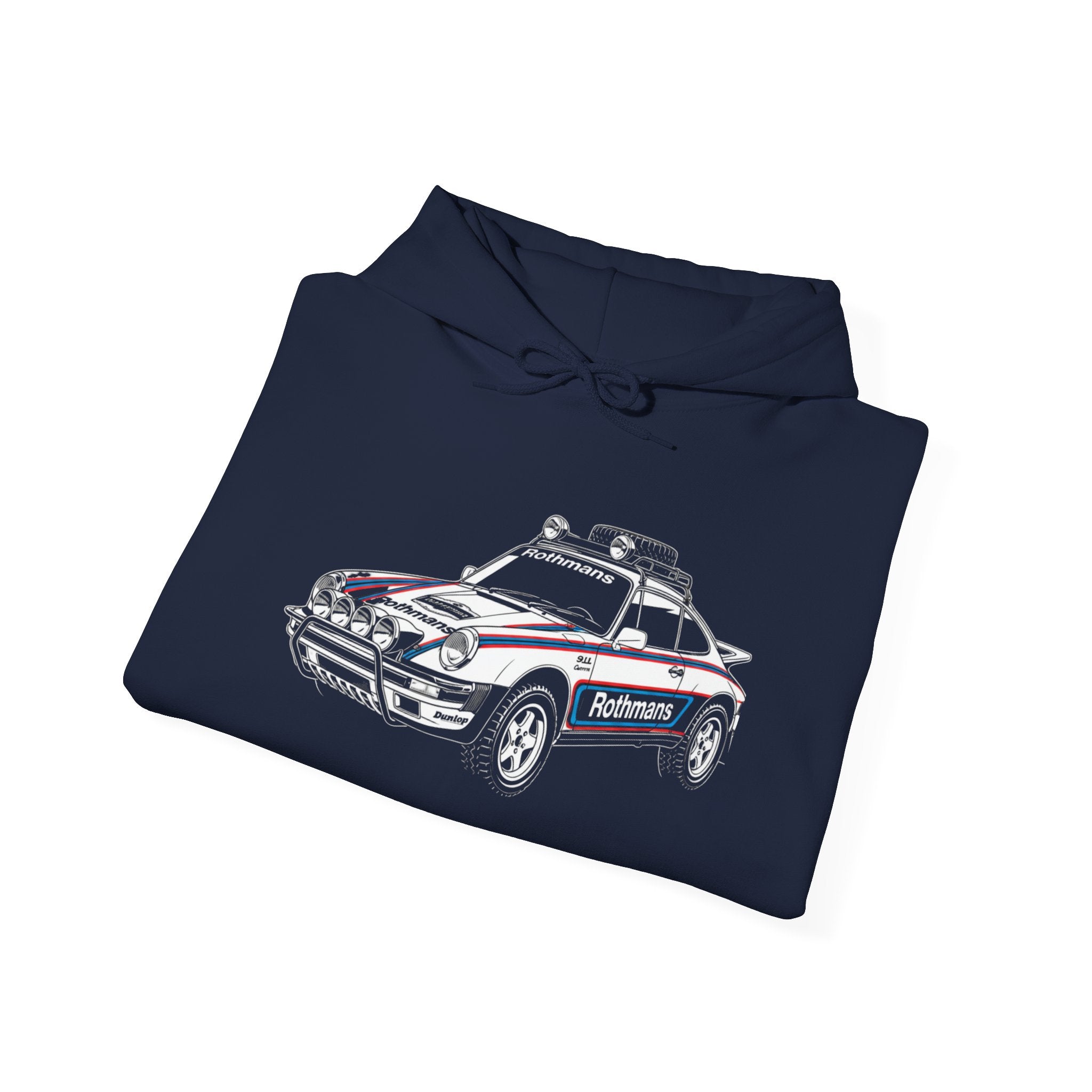 Race Car Hoodie — Retro Porsche Rally Rothmans Livery Style Motorsport Graphic Pullover