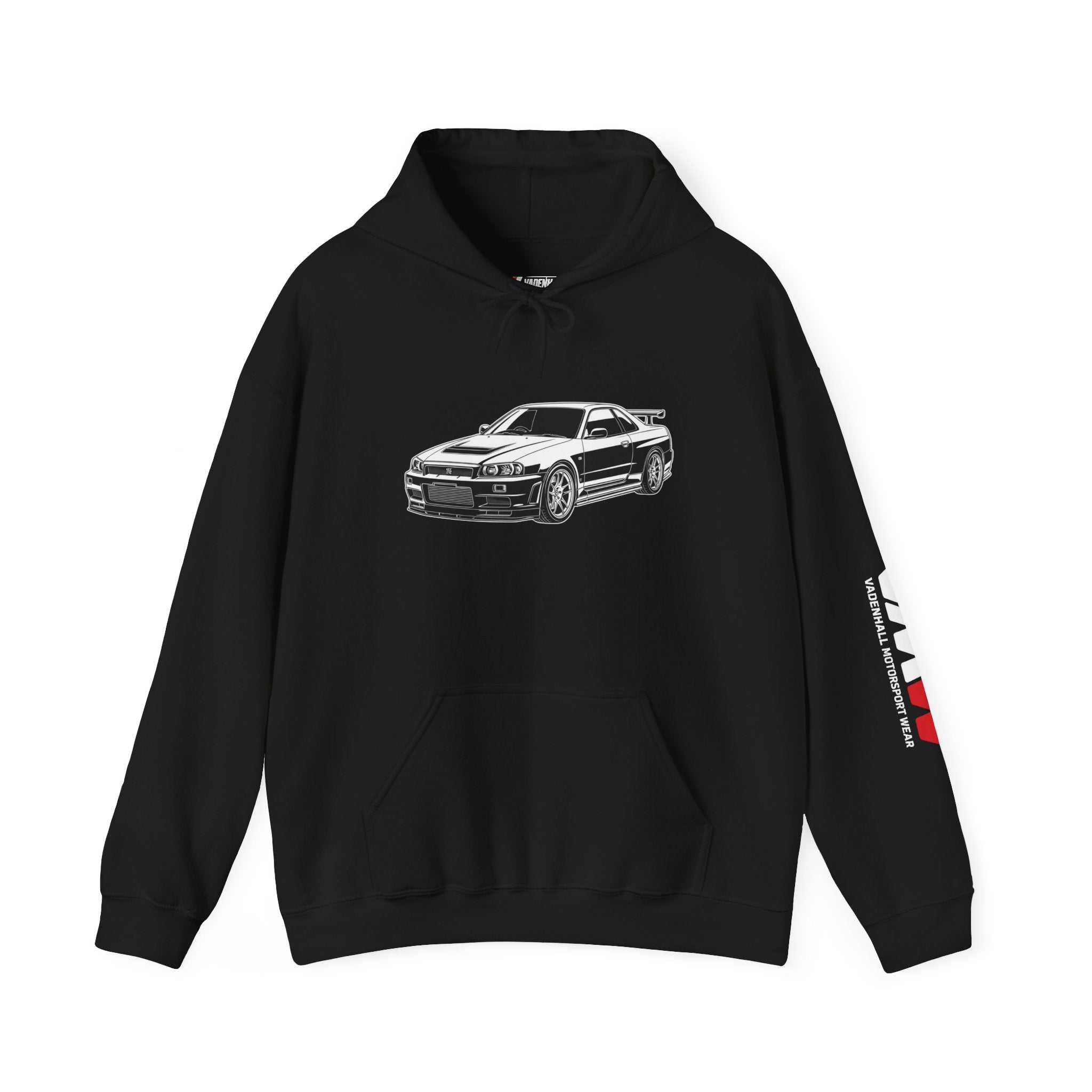 R32 Skyline Graphic Hoodie — JDM Car Pullover with Sleeve Logo