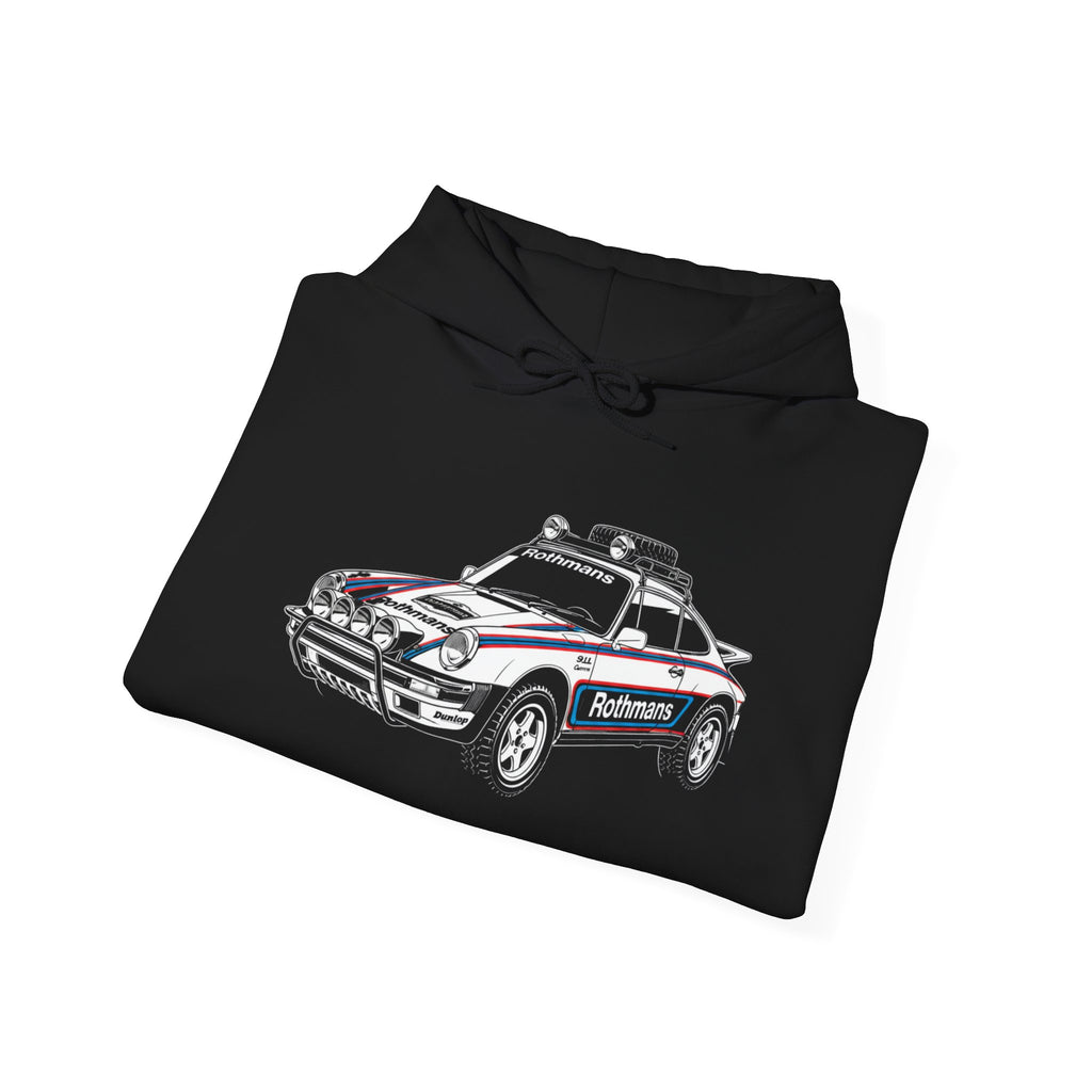 Race Car Hoodie — Retro Porsche Rally Rothmans Livery Style Motorsport Graphic Pullover