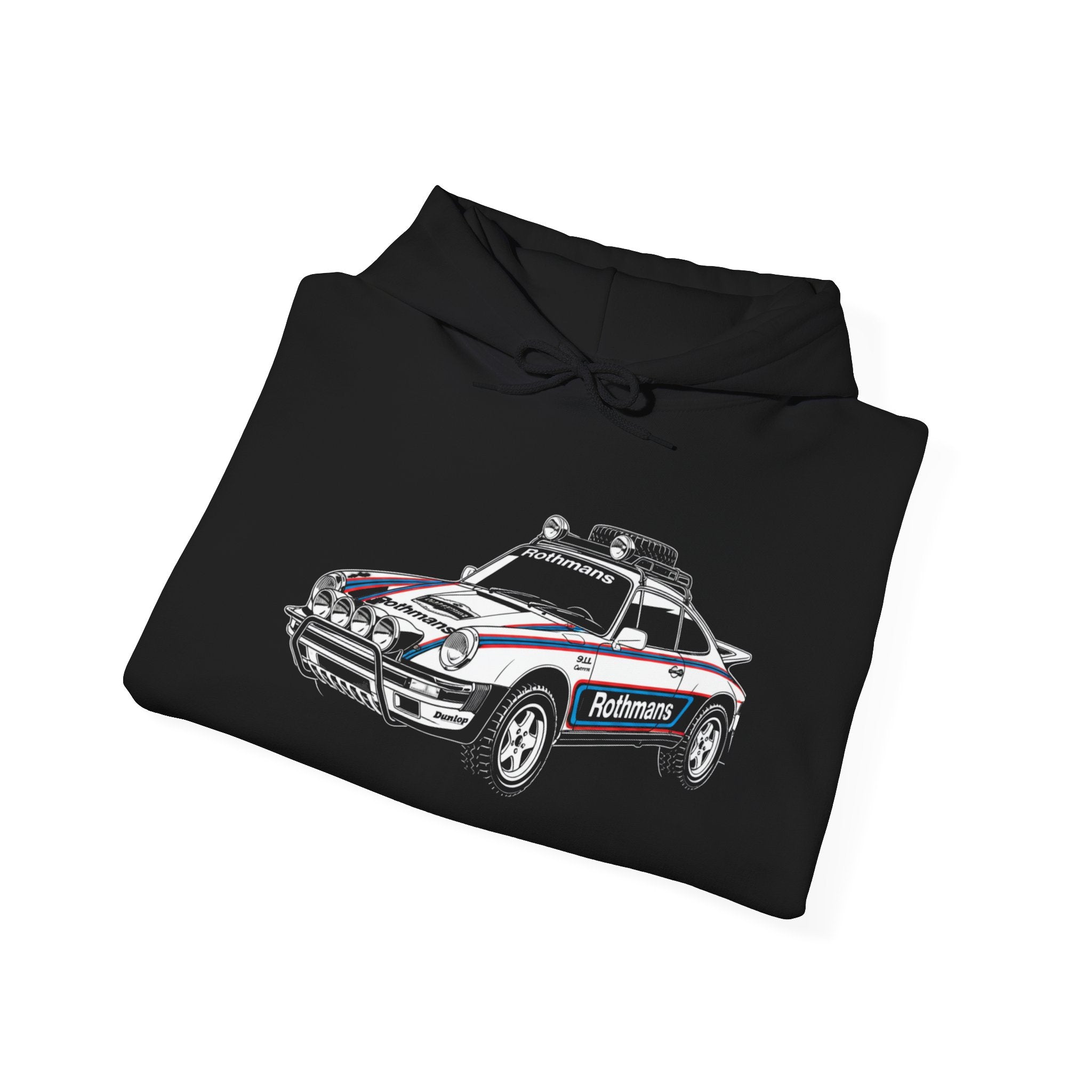 Race Car Hoodie — Retro Porsche Rally Rothmans Livery Style Motorsport Graphic Pullover
